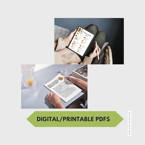May include: A digital image featuring a tablet displaying a grocery list and a printed document with text. The image also includes the text "DIGITAL/PRINTABLE PDFS" in a green banner, with "EVOLVING NUTRITION" in the corner. The overall theme is related to health and nutrition.
