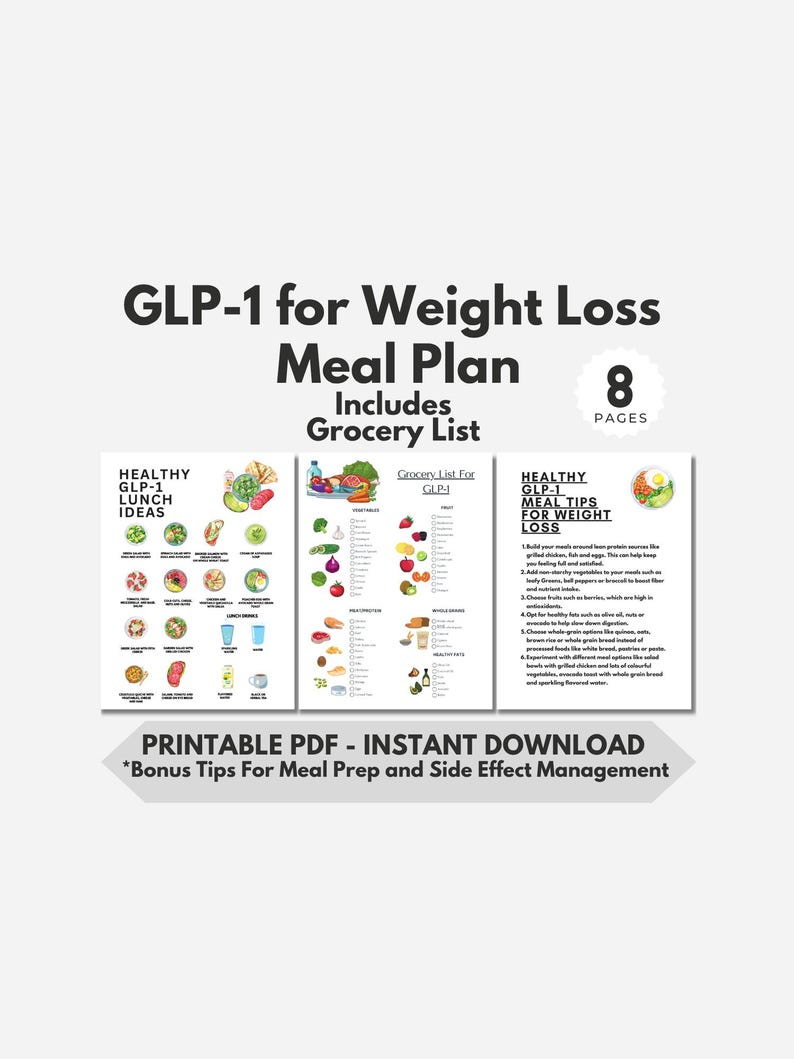 May include: A printable PDF meal plan for weight loss, including a grocery list and meal tips. The design features colourful illustrations of healthy food options and the text "GLP-1 for Weight Loss Meal Plan".