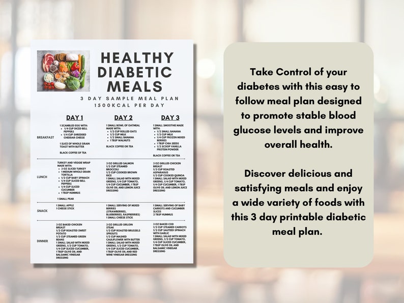 Healthy Diabetic Meal Ideas Printable PDF, Nutrient Dense Meals, Easy