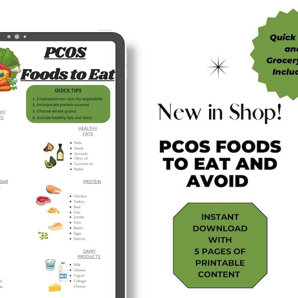 PCOS-voedsellijst Afdrukbare hand-out voor PCOS-voedselkeuzes met directe download voor een gezonde PCOS-boodschappenlijst en maaltijdtips