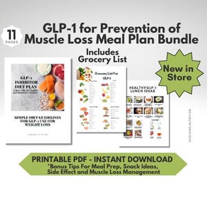 Könnte beinhalten: Ein druckbarer PDF-Leitfaden für einen GLP-1-Inhibitor-Diätplan zur Gewichtsabnahme. Der Leitfaden enthält eine Einkaufsliste, Mittagsessen-Ideen und zusätzliche Tipps für die Meal Prep, Snack-Ideen, Nebenwirkungen und das Management von Muskelverlust.