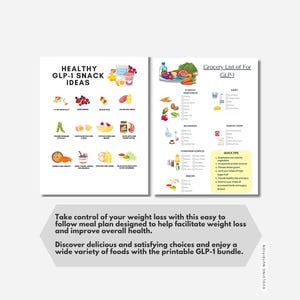 May include: A printable guide featuring healthy snack ideas and a grocery list for GLP-1. The guide showcases images of various foods, including nuts, berries, eggs, and vegetables. Text on the guide promotes weight loss and improved health.