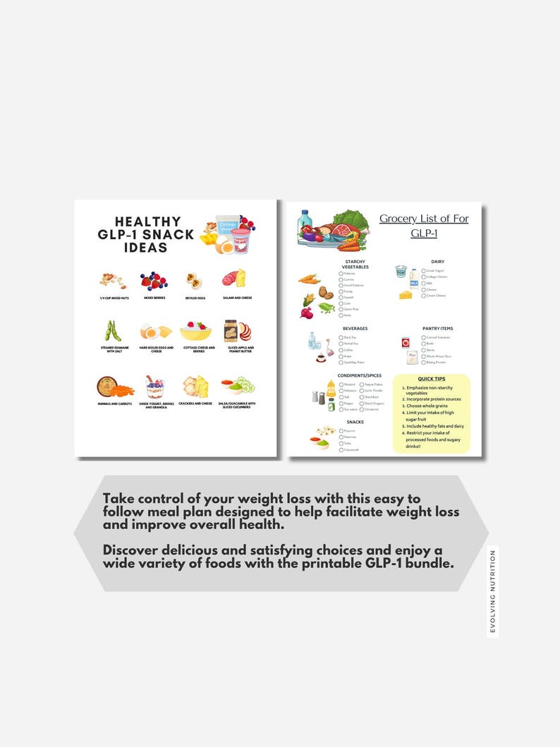 May include: A printable guide featuring healthy snack ideas and a grocery list for GLP-1. The guide showcases images of various foods, including nuts, berries, eggs, and vegetables. Text on the guide promotes weight loss and improved health.