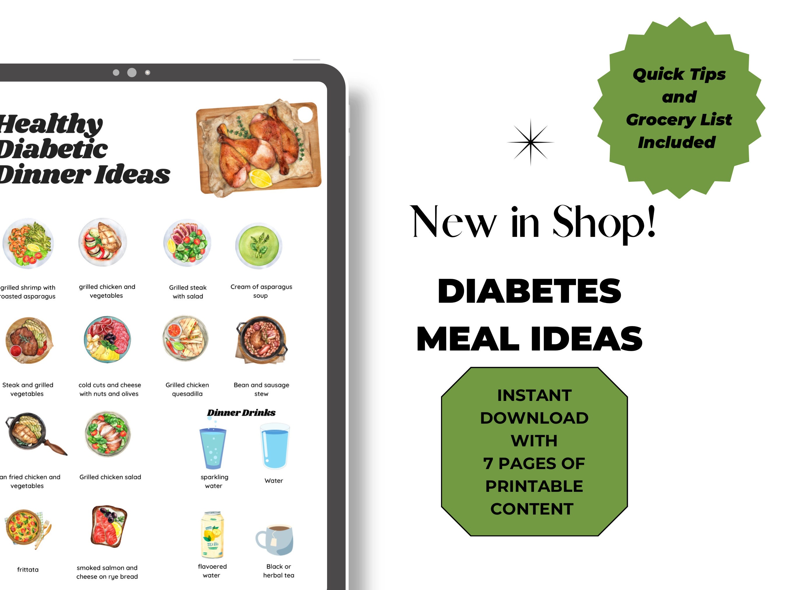 Diabetic Meal Plan Printable Handout for Healthy Diabetic Meals Instant ...