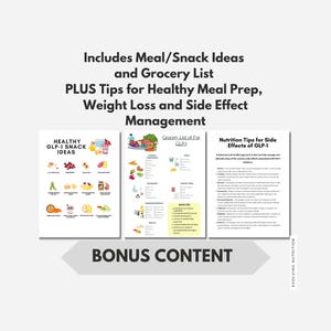 May include: A white graphic with text that reads "Includes Meal/Snack Ideas and Grocery List PLUS Tips for Healthy Meal Prep, Weight Loss and Side Effect Management." The graphic includes three informational pages with illustrations of food.