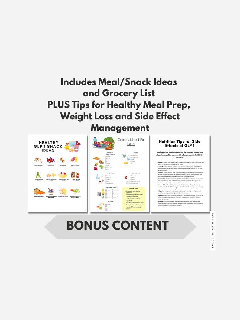May include: A white graphic with text that reads "Includes Meal/Snack Ideas and Grocery List PLUS Tips for Healthy Meal Prep, Weight Loss and Side Effect Management." The graphic includes three informational pages with illustrations of food.