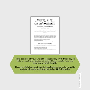 May include: A white document titled "Nutrition Tips for Reducing Muscle Loss with GLP-1 Medications" is displayed. Below, a green banner states, "Take control of your weight loss journey..." and "Discover delicious and satisfying choices..."