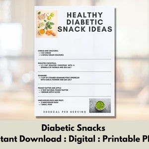 Healthy Diabetic Snack Ideas Printable PDF, Nutrient Dense Snacks, Easy to Prepare, Instant Download, Diabetic Snacks,  Digital Printable