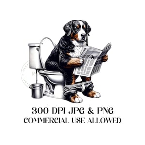 Lustiger Berner Sennenhund liest Zeitung im Badezimmer Clipart/Süßer Berner PNG/Berner Liebhaber PNG/Berner Sublimation/Süßer Hund Clipart