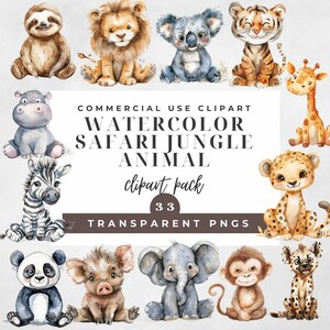 Watercolor Jungle Safari Animals Clipart/33 Animal Graphics/Animal Sublimation Clipart/Nursery Animal Clipart/Jungle Clipart