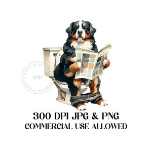 Lustiger Berner Sennenhund liest Zeitung im Badezimmer Clipart / süßer Berner PNG / Berner Liebhaber PNG / Berner Sublimation / süßer Hund Clipart