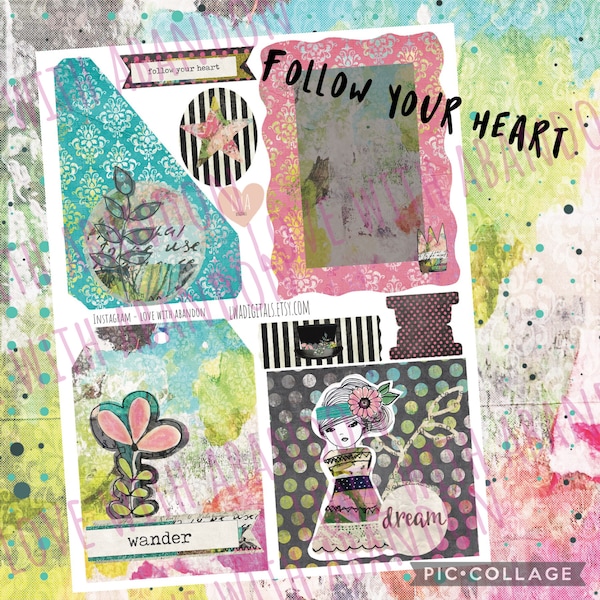 Follow Your Heart 2 page rage junk journal printable ephemera