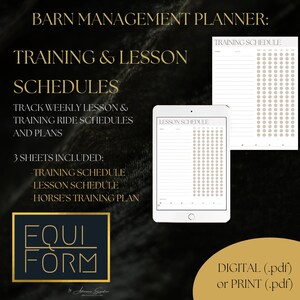 May include: Printable digital planner for horse training and lesson schedules. The planner includes three sheets: a training schedule, a lesson schedule, and a horse's training plan. The planner is available in digital (.pdf) or printable (.pdf) format.