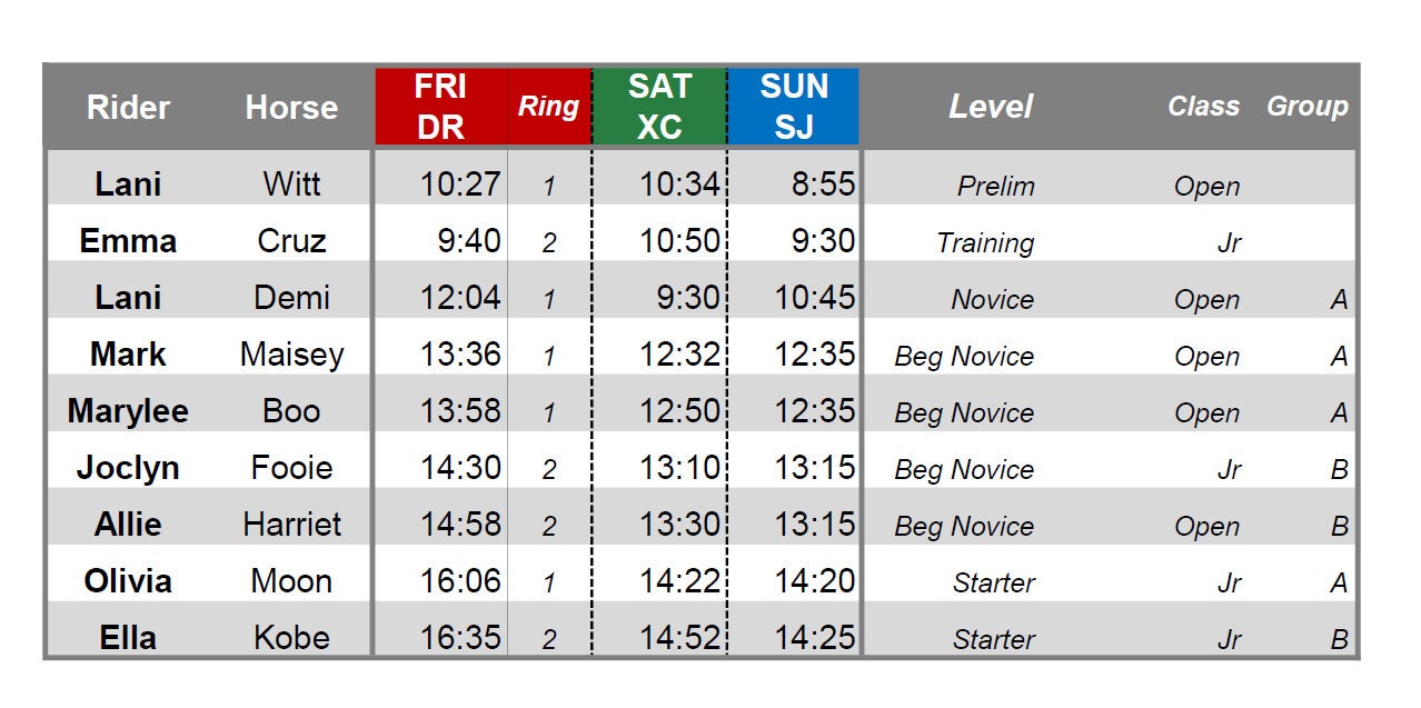 Event Ride Times Chart - Etsy