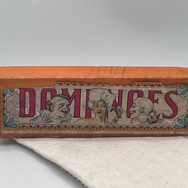 Vintage Dominoes in original box, Nouveau Embossed Wood Domino Double 6 Set, complete 28-piece set, Circa 1910-1920s