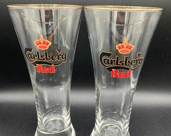 Carlsberg Red Pilsner Glasses with logo and gold trim, set of 2