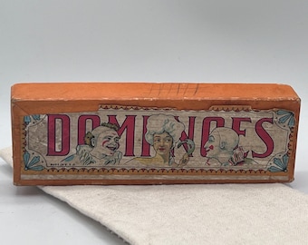 Vintage Dominosteine in Originalverpackung, Nouveau Embossed Wood Domino Double 6 Set, komplettes 28-teiliges Set, ca. 1910-1920er Jahre