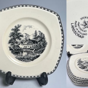 6 Société Céramique Maestricht Platos de pastelería en blanco y negro, Vintage, Países Bajos