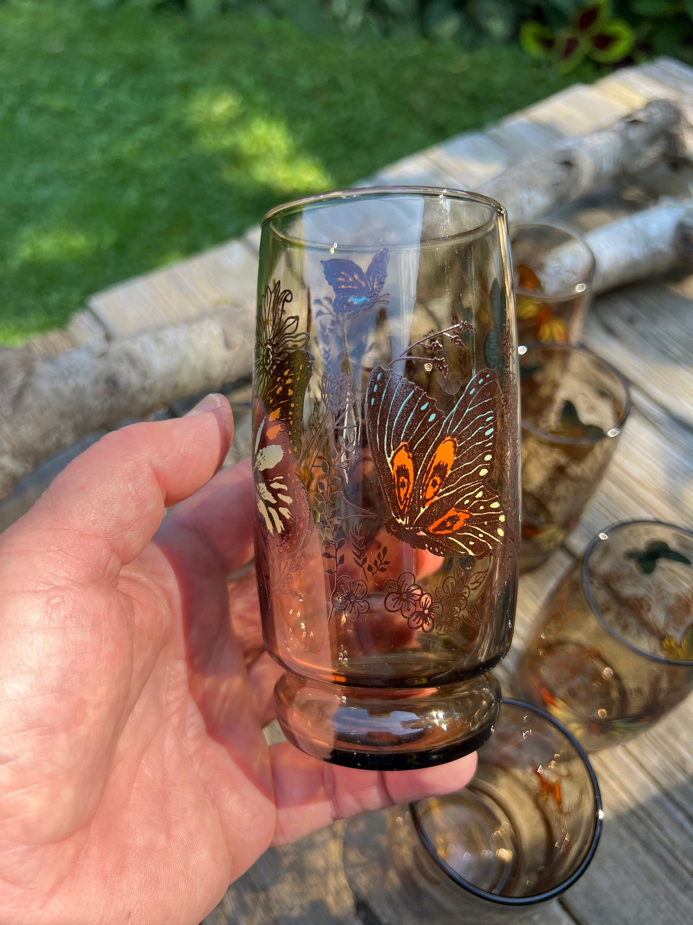 4 Gorgeous Vintage Etched Glass Butterfly High Ball Drinking Glasses