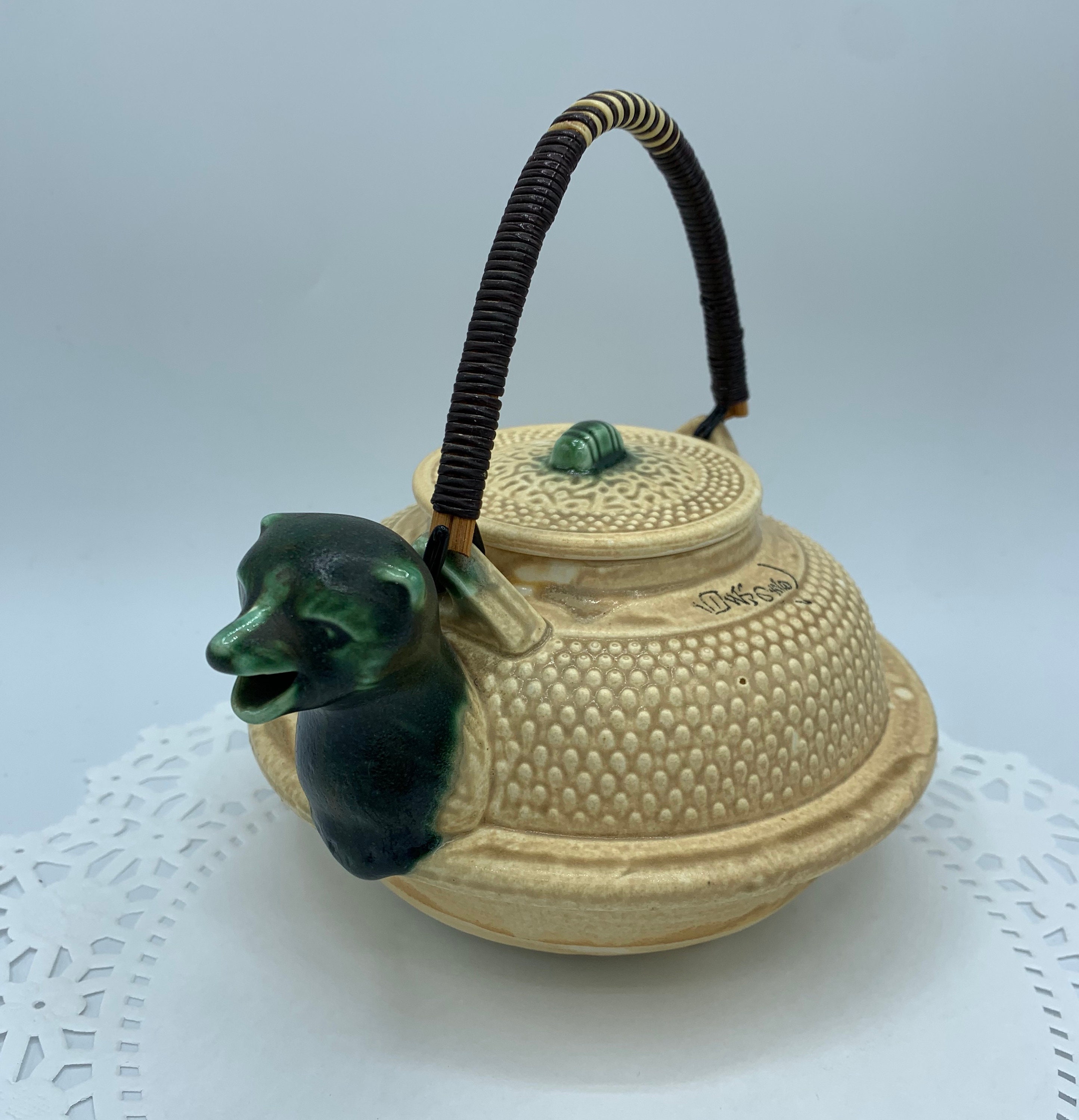 Japanese Vintage Dobin Tea Pot With Animal Spout and Bamboo Handle