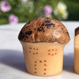 以下が含まれることがあります： 茶色と白のカラーリングで彫刻された小さな木製のフィギュア2体。フィギュアは丸い頭と円筒形の土台を持つキノコの形をしています。フィギュアの上部は茶色の模様で飾られ、土台は小さな茶色の点で飾られています。