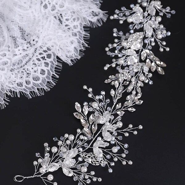 Handmade silver leaf rhinestone wedding headband silver flower hair jewelry elegant women hair ornaments bridal hair accessories tiaras