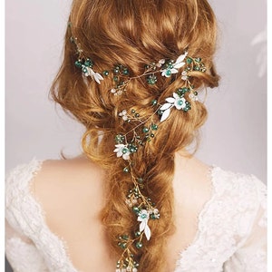 Bohemian green crystal bridal headband flower handmade wedding hair accessories prom party girls hair vine jewelry