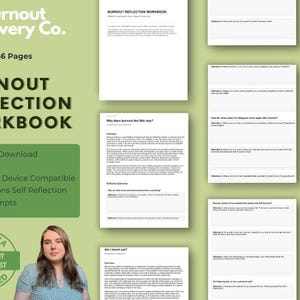Può includere: Un quaderno di esercizi Burnout Reflection Workbook di Burnout Recovery Co. con 146 pagine, 15 sezioni di autoriflessione e 179 domande. Il documento include intestazioni, sezioni di riepilogo ed esercizi con righe per scrivere.