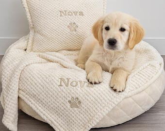 Conjunto grande de almohada y manta personalizadas para mascotas con diseño de gofre: Cojín bordado para perro/gato