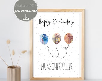 May include: A printable birthday card with a white background and grey polka dots. The card features three balloons with euro bills inside. The text "Happy Birthday" is at the top of the card and the text "Wunsch erfüller" is at the bottom.