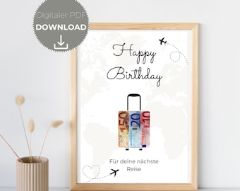 May include: A printable birthday card featuring a suitcase filled with euro bills and the text "Happy Birthday" and "For your next trip".