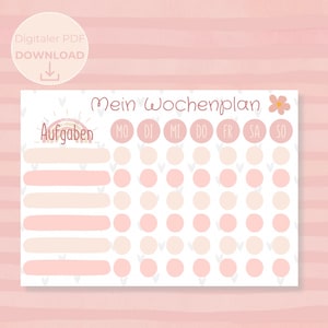 Könnte beinhalten: Ein druckbarer Wochenplaner in rosa und weiß. Der Planer hat eine Regenbogengrafik und den Text "Mein Wochenplan" oben. Der Planer hat eine Spalte für jeden Wochentag mit Kreisen für jede Aufgabe. Der Planer ist für die Verwendung mit einem Trockenlöschmarker konzipiert.