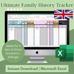 Op de afbeelding: Een computerscherm dat een spreadsheet toont met de titel "Ultimate Family History Tracker". De spreadsheet is in Microsoft Excel en heeft een groen-wit kleurenschema. De tekst "Space for 5 Gen of Direct Ancestors + Siblings!" staat onder het scherm. De tekst "Instant Download | Microsoft Excel" staat onder het scherm. Een groen Microsoft Excel-pictogram bevindt zich in de rechterbenedenhoek van de afbeelding.