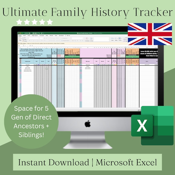 FindMyPast d'ascendance britannique | Feuille de calcul Excel de modèle d'histoire familiale | Ipad IOS Mac PC | Saisie automatique des données