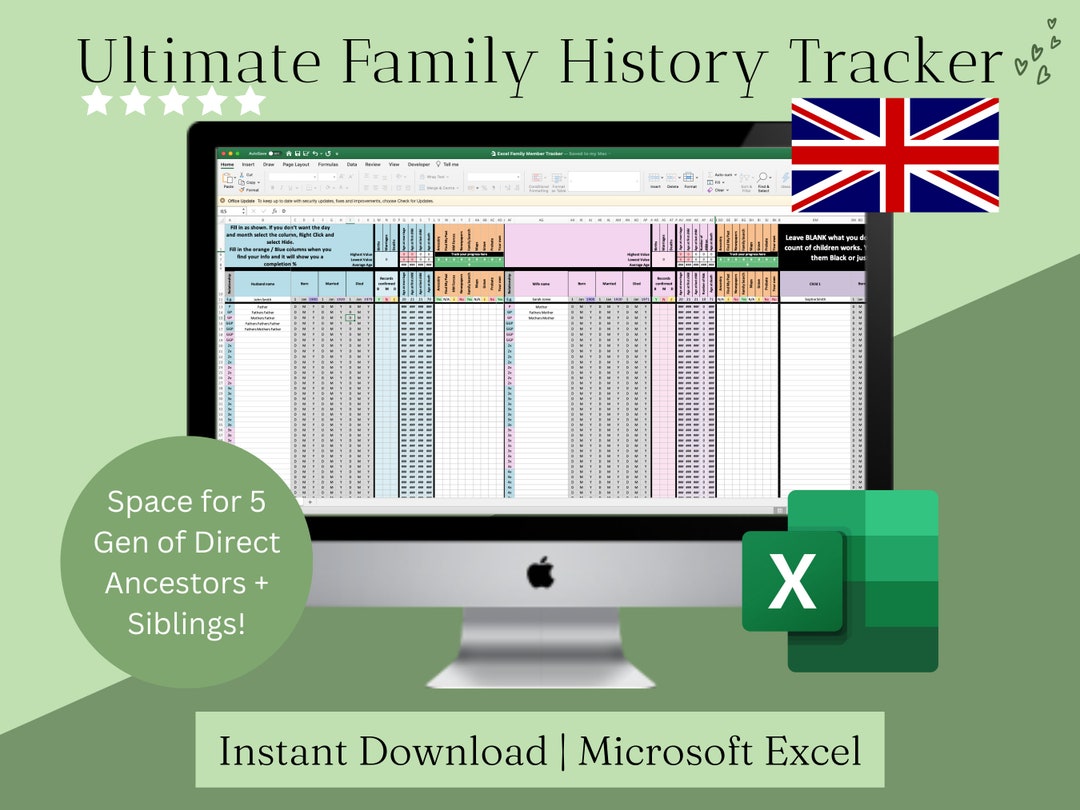 UK Ancestry Findmypast Family History Template Excel Spreadsheet iPad