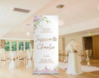 Personalized Wedding Welcome Banner, Retractable Roll Up Stand, Custom Sign (33x81 inches)