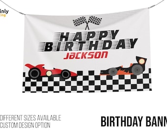 Race Car Birthday Banner, Race Car Party Backdrop, Personalized Name Sign, Racing Custom Vinyl Banner, Birthday Party Decor