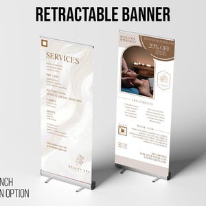 May include: Two retractable banners, each 31.5 x 79 inches, with custom design options. One banner lists services, the other features a spa treatment with a 20% off promotion. The banners have a neutral color palette with text and a logo.