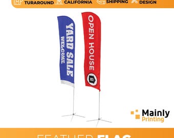 May include: Two feather flags. One is blue with "YARD SALE WELCOME" in white text. The other is red with "OPEN HOUSE" and a house icon in white text. Both flags are on metal stands. The bottom banner says "FEATHER FLAG".