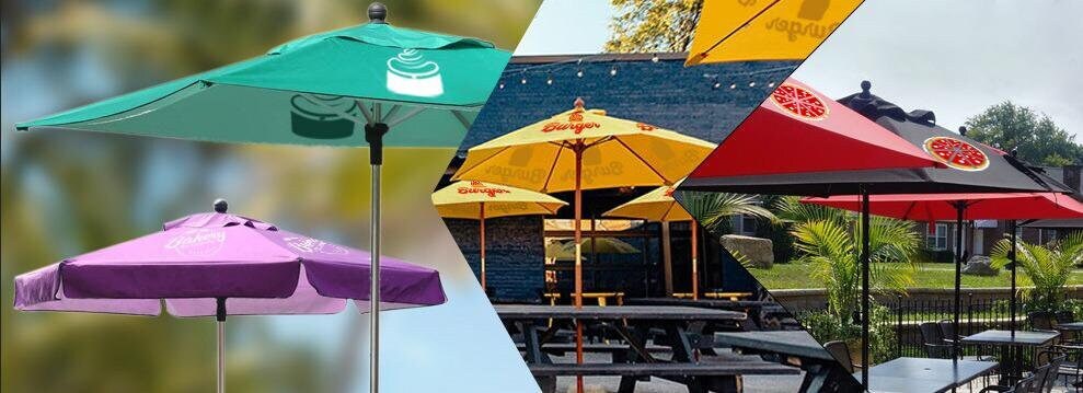 logoed patio umbrellas Printed Market Umbrella Frame and Canopy / 22lb Heavy Duty Base & Waterbag one umbrella is the ideal choice for bistros Luxury Custom Logo Wooden Pole