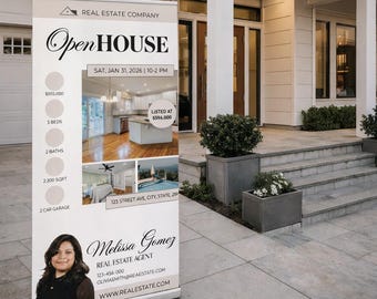 Open House Retractable Banner 33x81 – Custom Real Estate Roll Up Sign, Realtor Open House Signage, Property Showing Display Stand