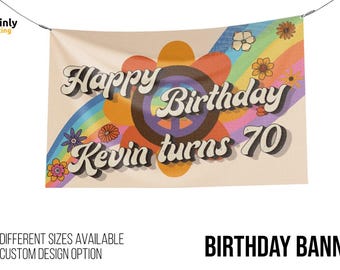 Hippie Birthday Vinyl Banner, Groovy Party Decor, Personalized Name Sign