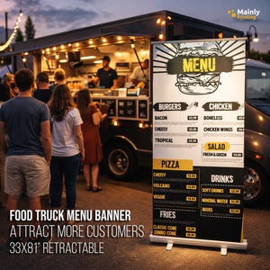 Food Truck Menu Banner 33x81 Retractable – Custom Roll Up Menu Board for Street Food, Taco Truck, Outdoor Vendor Sign