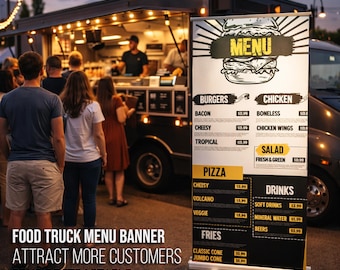 Food Truck Menu Banner 33x81 Retractable – Custom Roll Up Menu Board for Street Food, Taco Truck, Outdoor Vendor Sign