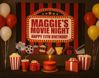 Personalized Movie Night Birthday Banner, Cinema Party Backdrop
