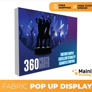 May include: A blue and purple fabric pop-up display with a 360 photo booth graphic. The graphic features a silhouette of people dancing in front of a stage with spotlights. The text "360 Photo Booth" is printed in white on a black circle. The text "Factory Supply, Excellent Stability, Remotely Control" is printed in white on a black rectangle. The text "Mainly Printing" is printed in white on a black square.