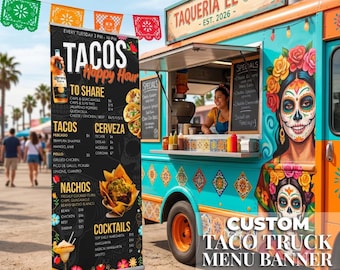 Custom Taco Truck Menu Banner | Mexican Food Stand Retractable Sign | 33x81 Roll Up Menu Board | Taqueria Vendor Display