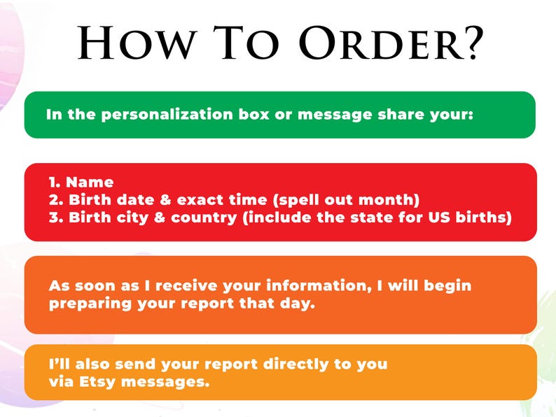 May include: An instructional graphic titled HOW TO ORDER? with four colored horizontal bars. The green bar lists personalization requirements. The red bar lists name, birth date, time, city, and country. Two orange bars explain the report process.