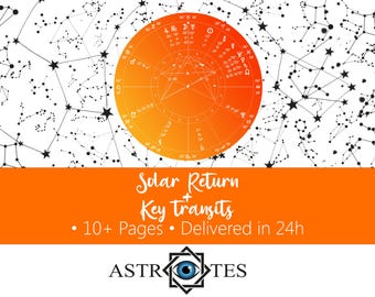May include: A circular orange astrological chart featuring planetary symbols and zodiac signs set against a white background with black star constellations. The text reads Solar Return + Key transits, 10+ Pages, Delivered in 24h, and ASTROTES with an eye icon.