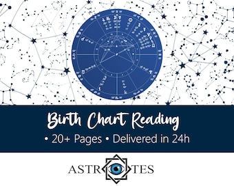 May include: A circular blue astrological birth chart featuring planetary symbols and lines, set against a white background with black star constellations. The text reads Birth Chart Reading, 20+ Pages, Delivered in 24h, and the brand name ASTROTES.